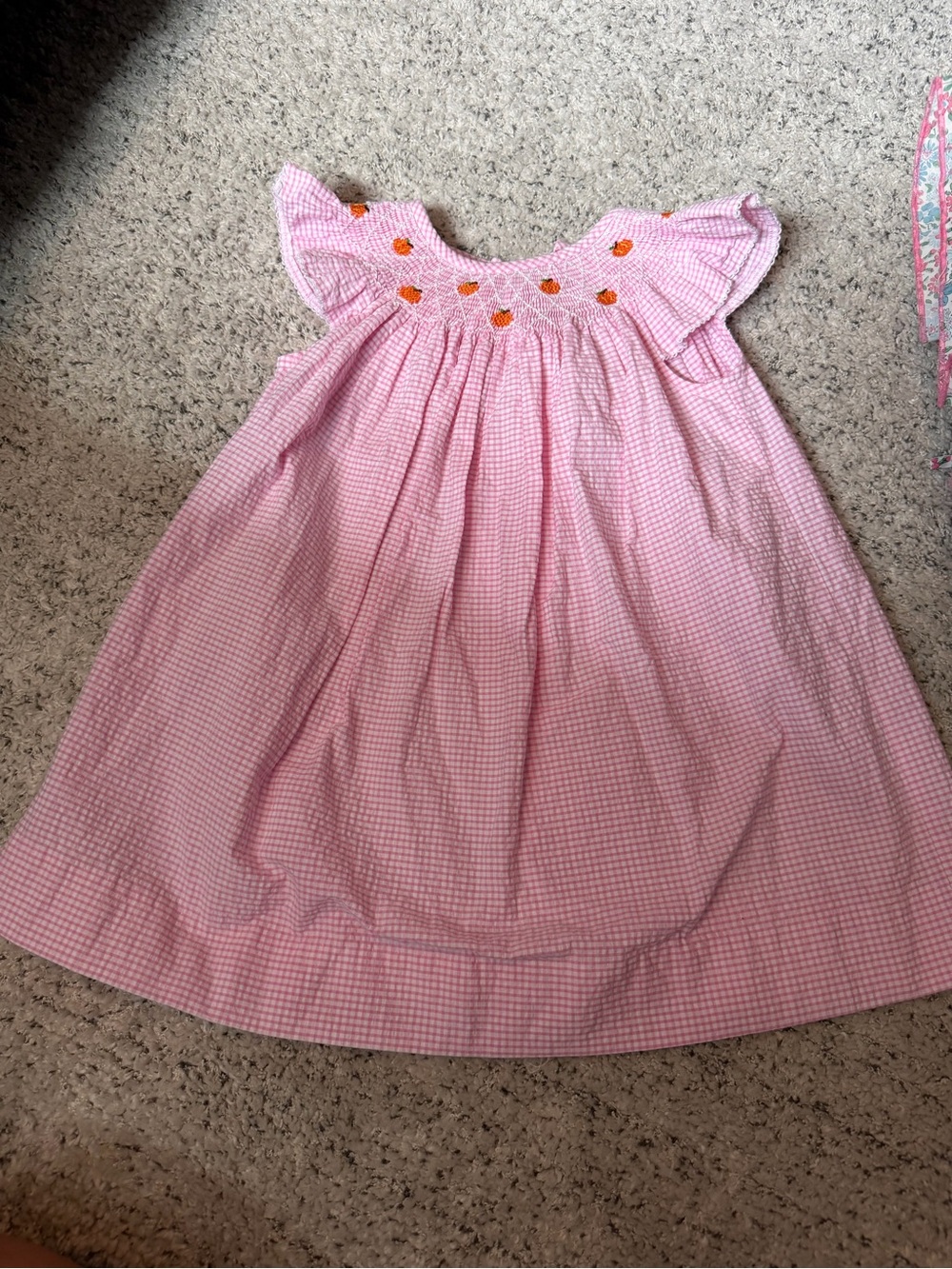 Southern smock co Pink searsucker Girls' bishop Dress with pumpkins Euc 18 mo